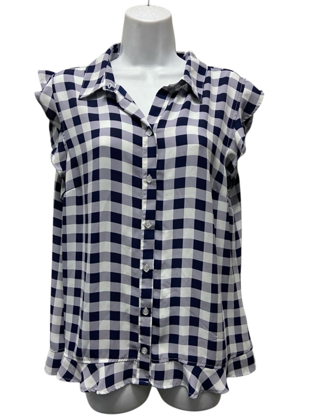 Ny & CO Blue Plaid Ruffle Sleeveless Button Down Top Blouse - Women’s XL